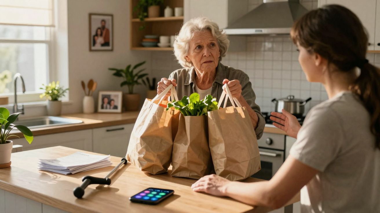 Idosa entrega sacos de compras com vegetais a mulher numa cozinha moderna e iluminada.