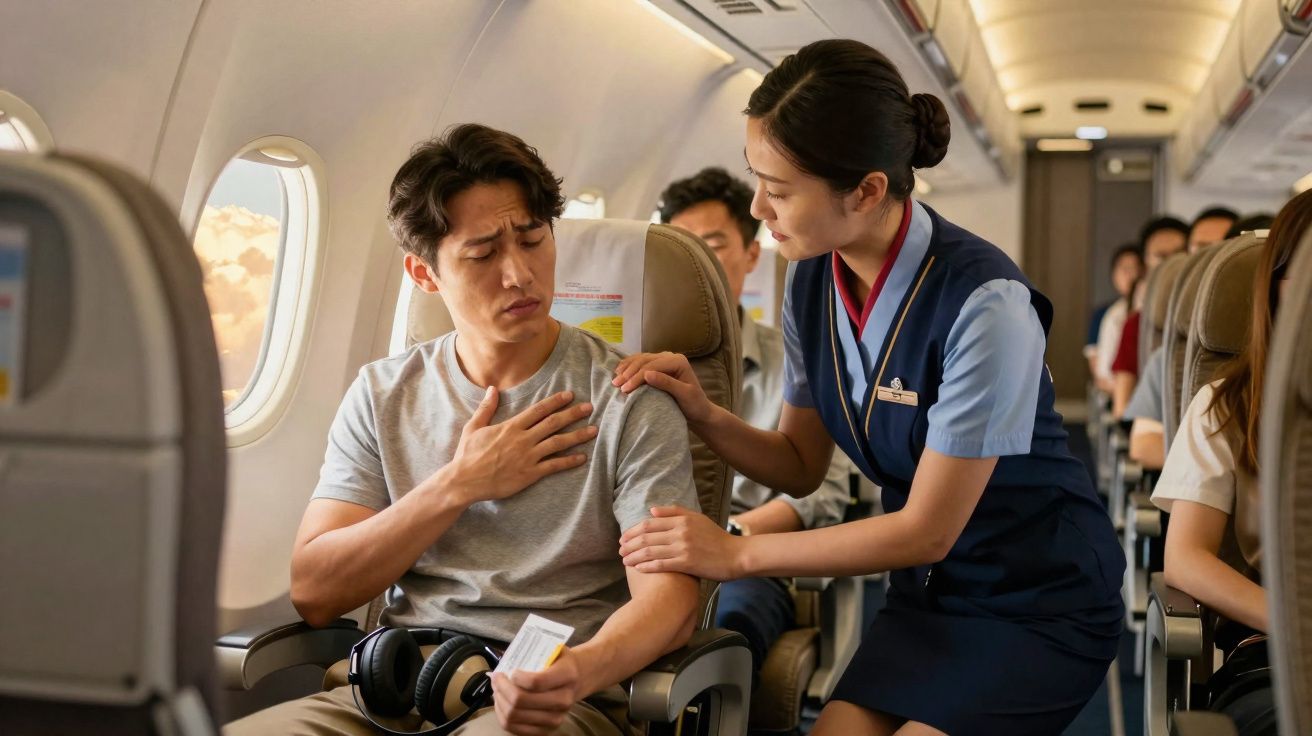 Passageiro de avião com dor no peito sendo assistido por comissária de bordo preocupado.