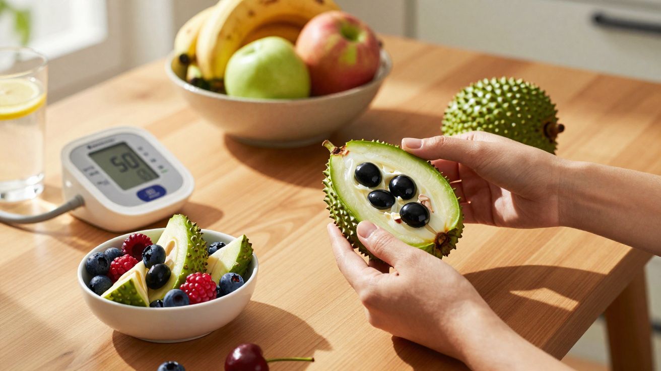 Pessoa a segurar fruto exótico aberto com bagas pretas, fruta variada numa tigela e aparelho de medição numa mesa de madeira.