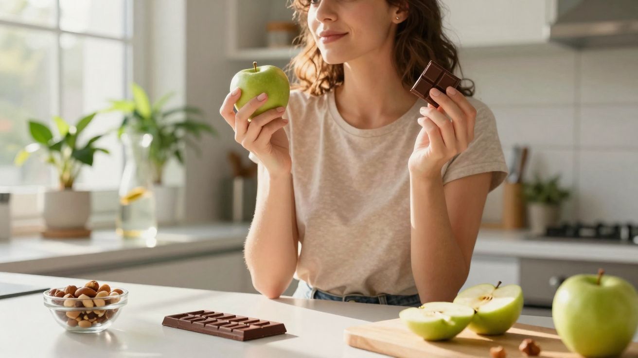 Mulher com expressão pensativa segura maçã verde e pedaço de chocolate numa cozinha iluminada.