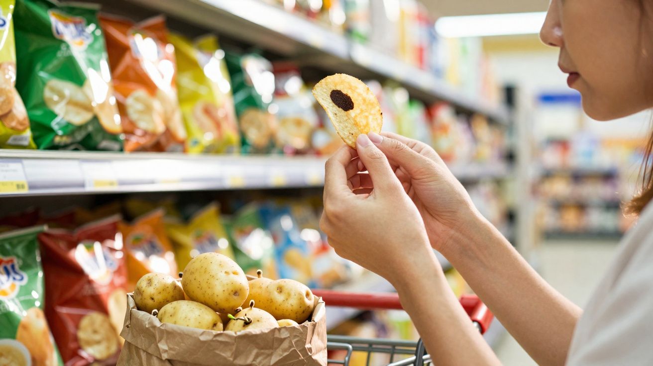 Pessoa a segurar batata-frita com uva-passa num supermercado com batatas e pacotes de snacks à sua frente.