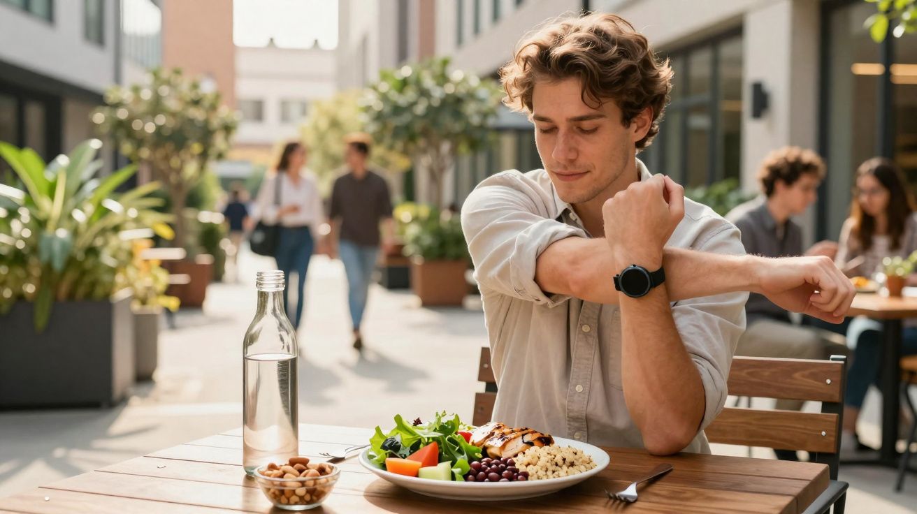 Homem estica o braço sentado numa esplanada com prato de comida saudável à sua frente.