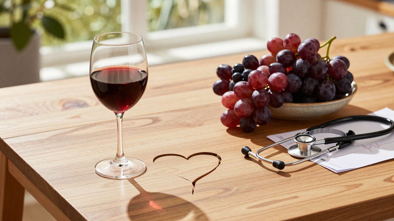 Vinho tinto num copo, cachos de uvas, estetoscópio e manchas de vinho em forma de coração numa mesa de madeira.