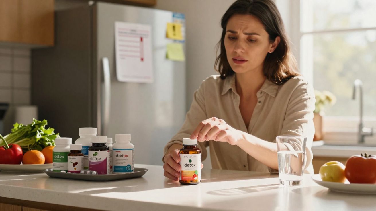 Mulher a segurar frasco de suplemento detox numa cozinha com legumes e água sobre a mesa.
