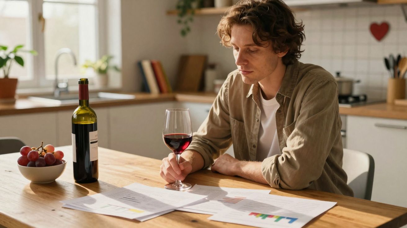Homem jovem a analisar documentos enquanto segura uma taça de vinho tinto numa cozinha moderna.