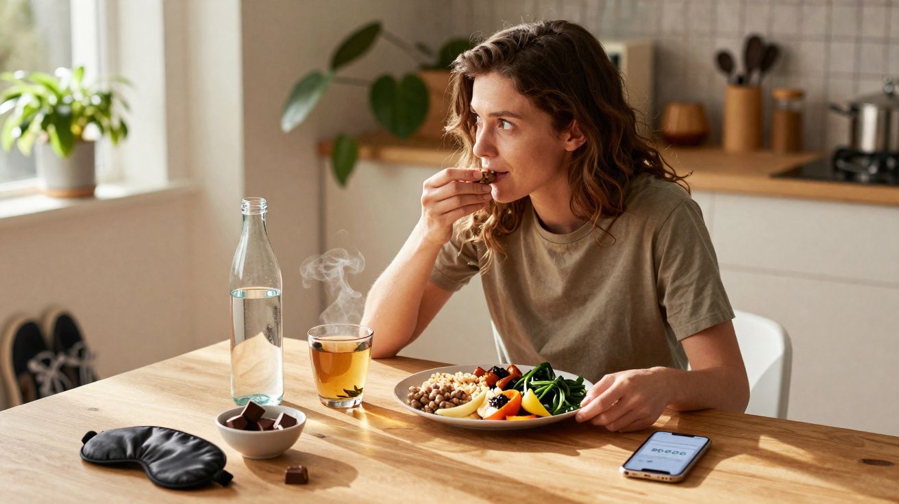 Mulher a beber chá e comer uma refeição saudável numa cozinha luminosa e acolhedora.