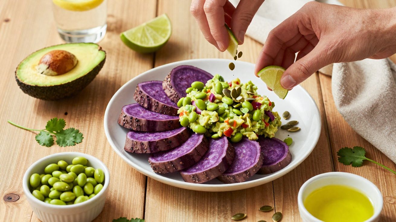 Prato com batata-doce roxa, guacamole, edamame e mãos a espremer limão por cima numa mesa de madeira.