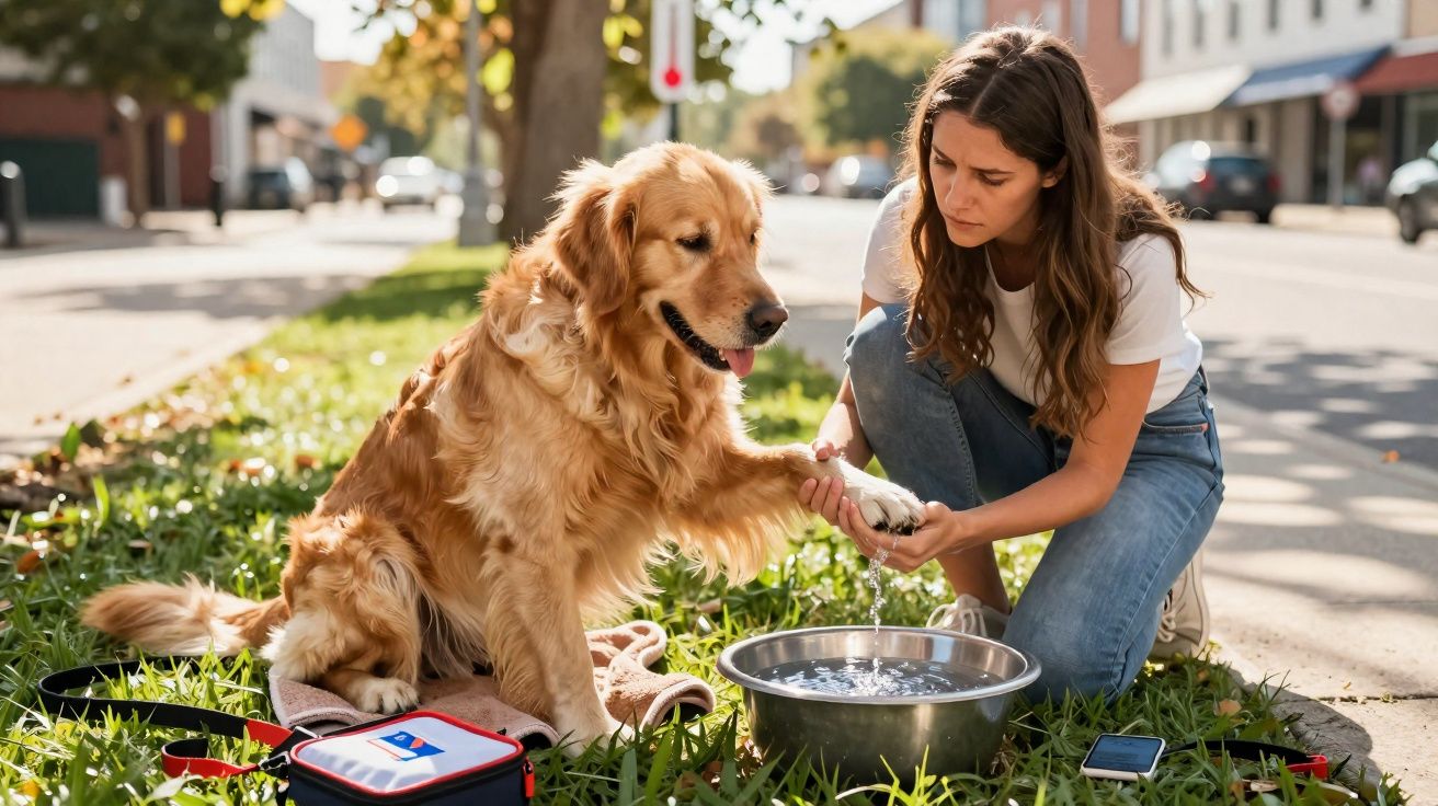 Mulher dá água para cão golden retriever descansando na relva junto a um bebedouro metálico na rua.
