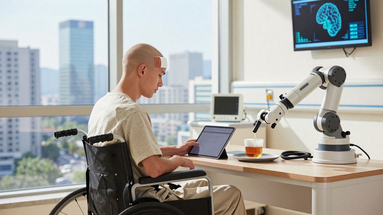 Homem em cadeira de rodas usa tablet enquanto robô serve chá numa sala iluminada com vista urbana.