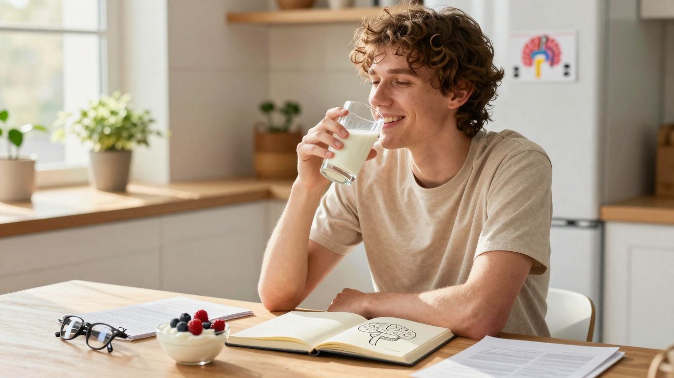 Jovem sentado à mesa a beber um copo de leite, com caderno aberto e tigela de frutos vermelhos à sua frente.
