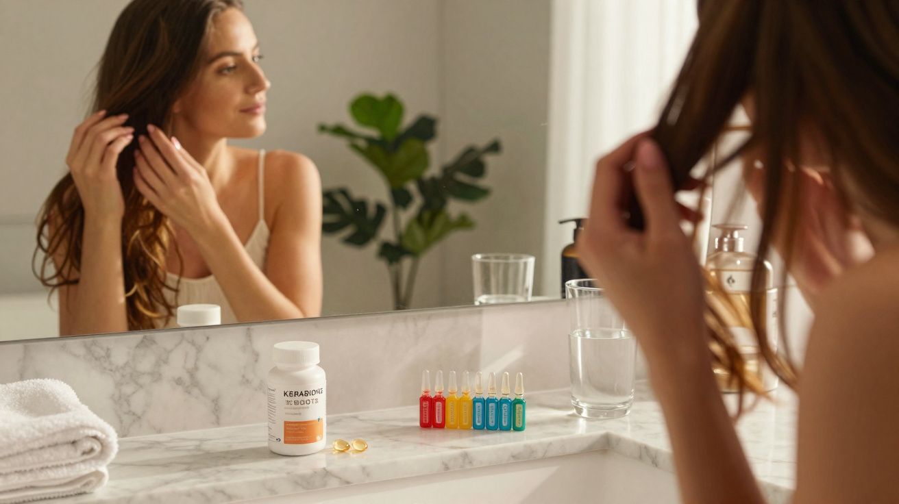 Mulher a olhar-se ao espelho num banheiro com frascos de suplementos e toalha branca numa bancada de mármore.