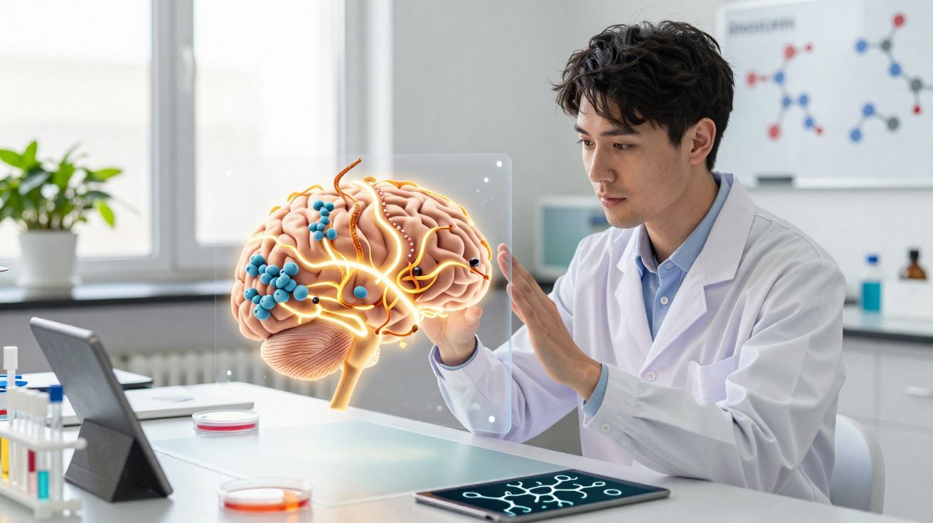 Cientista em laboratório a analisar um cérebro em holograma com conexões e moléculas azuis.