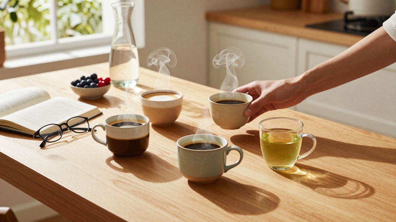 Mesa de madeira com quatro chávenas de café quente, chá, livro aberto, óculos e taça de frutas vermelhas.