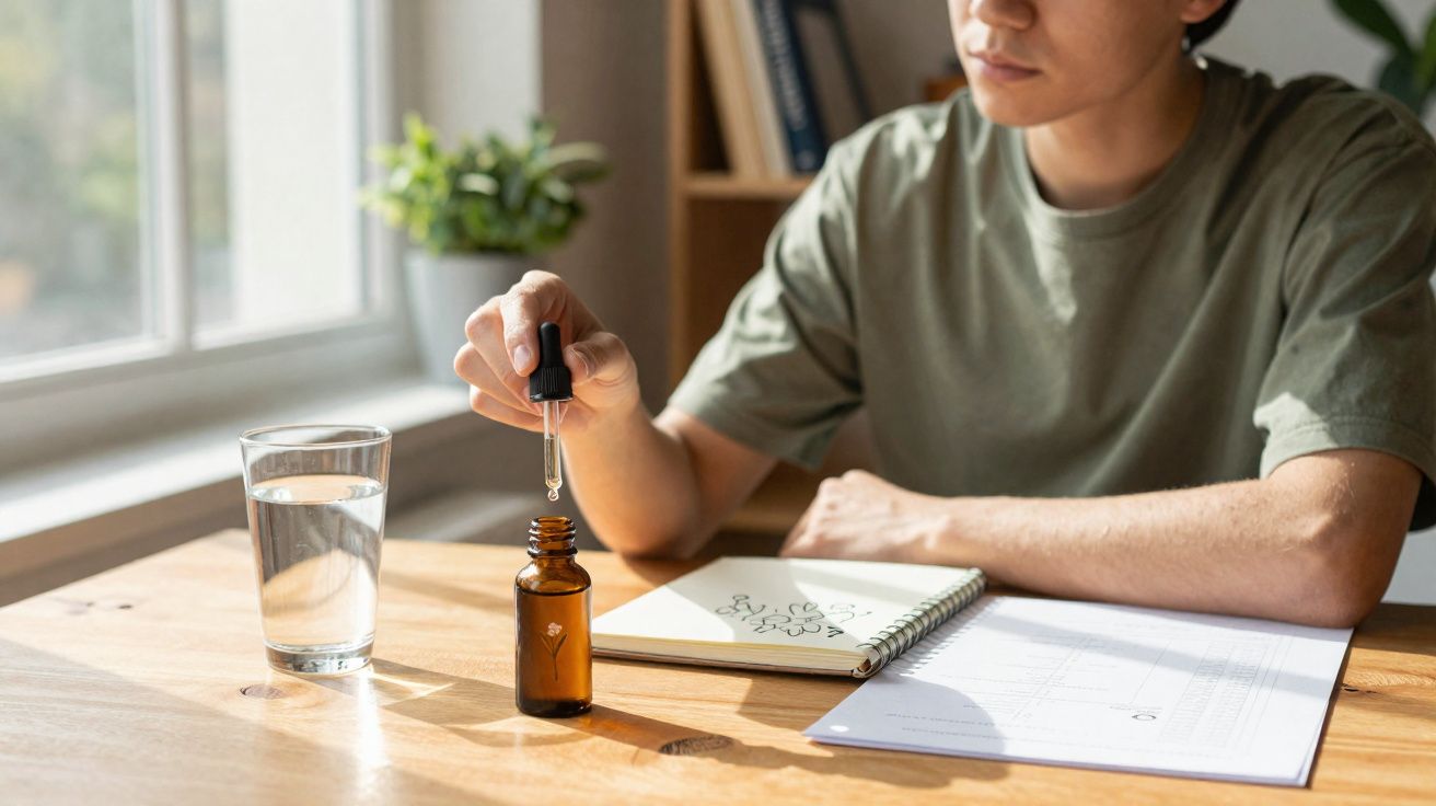 Pessoa a usar conta-gotas com essência junto a caderno de desenhos e copo de água numa mesa de madeira.
