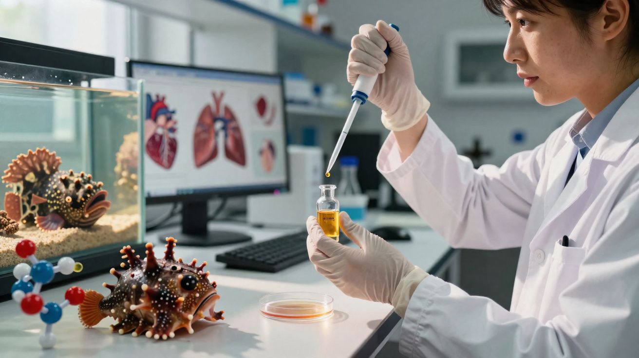 Cientista a trabalhar com amostra líquida num laboratório com modelos de vírus e imagens médicas ao fundo.