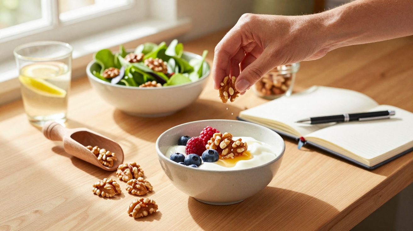 Pessoa a polvilhar nozes numi bowl com iogurte, frutos vermelhos e mel numa mesa de madeira junto à janela.