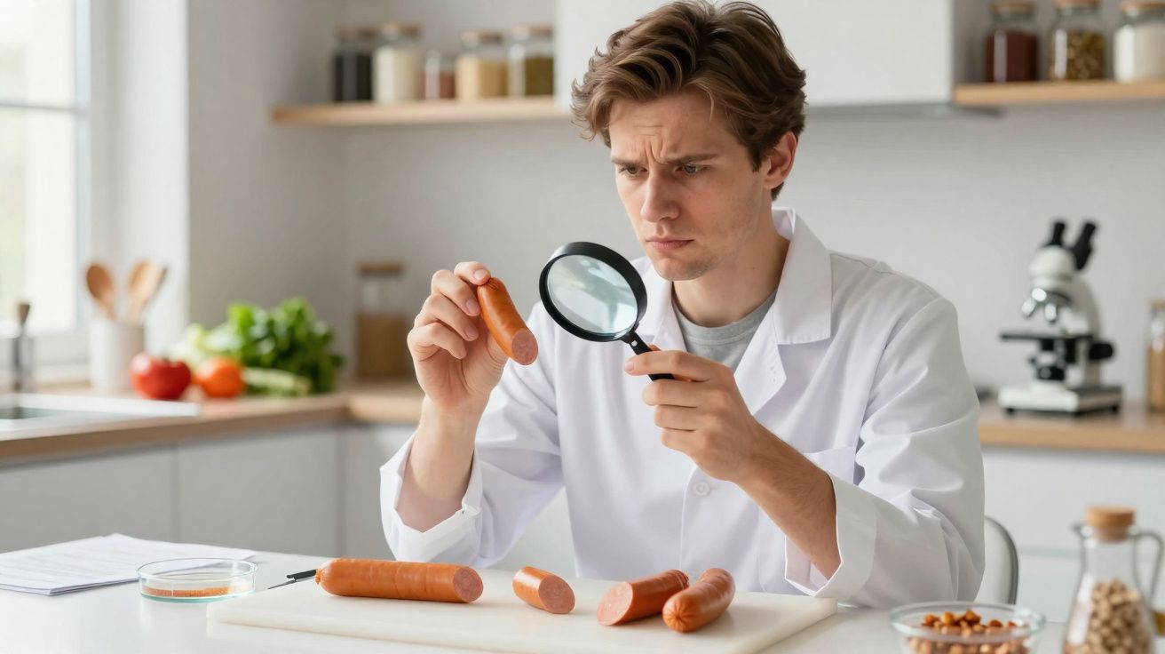 Homem com bata branca examina salsichas com lupa numa cozinha moderna.