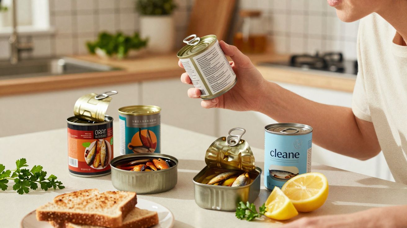 Pessoa a segurar lata de conserva ao lado de várias latas abertas e pão com limão na cozinha.