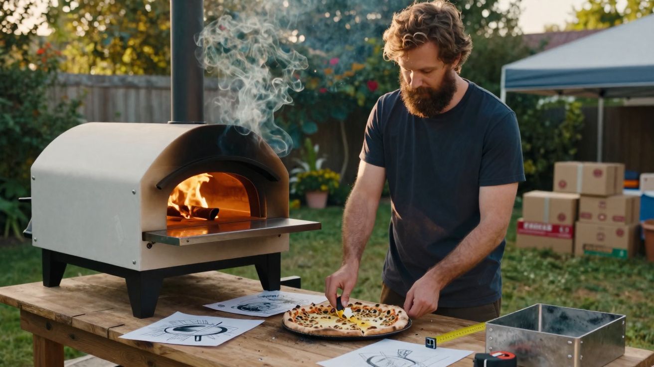 Homem a cortar pizza numa mesa fora de casa com forno de lenha a arder ao fundo.