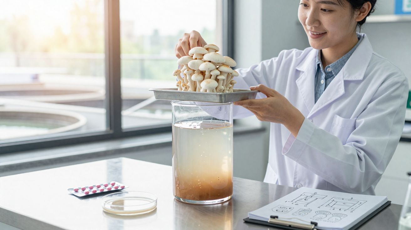 Cientista em laboratório examina cogumelos brancos cultivados em recipiente de vidro grande.