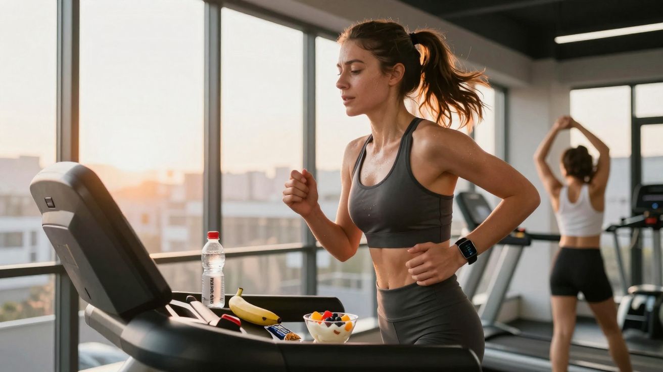 Mulher a correr numa passadeira numa sala de ginásio com luz natural e alimentos saudáveis.
