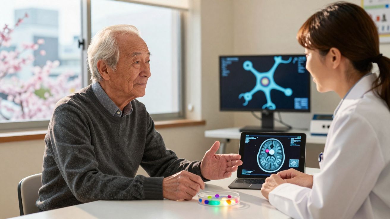 Homem idoso em consulta médica com neurologista, discutindo imagens de cérebro num consultório.