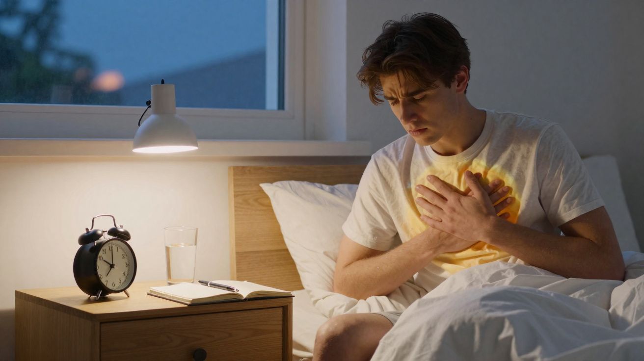 Jovem sentado na cama com expressão de dor e mãos no peito durante a noite.