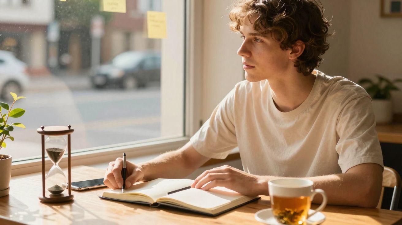 Jovem sentado junto a uma janela escrevendo num caderno, com chá e ampulheta na mesa.