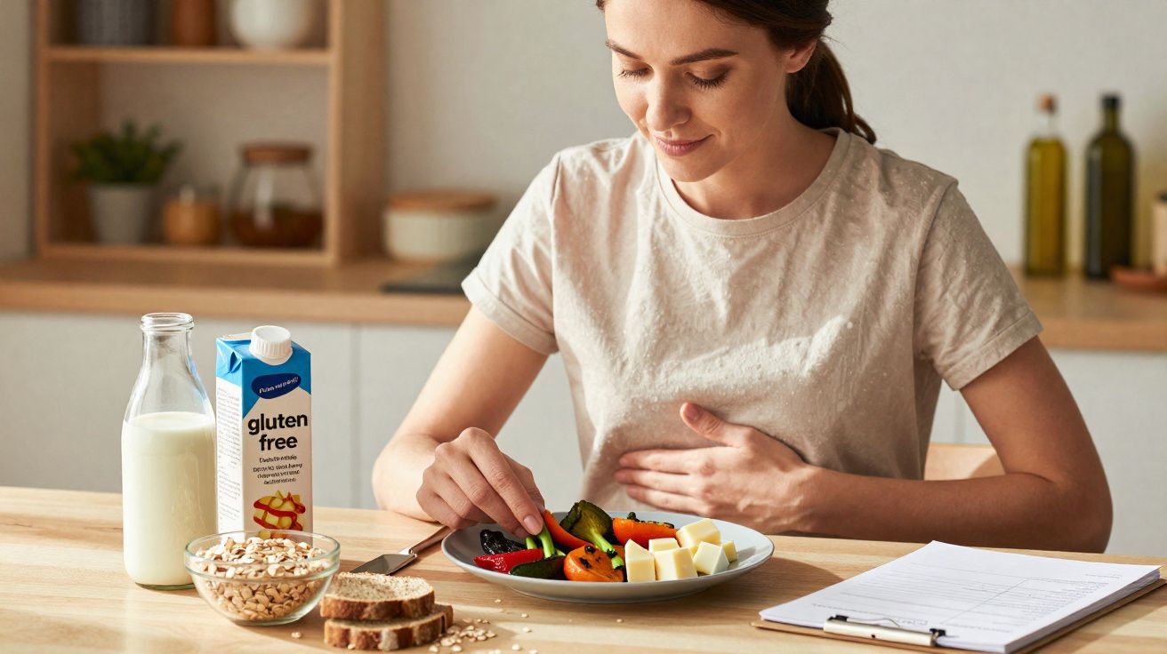Mulher grávida a segurar a barriga e a olhar para um prato com legumes e queijo numa cozinha moderna.
