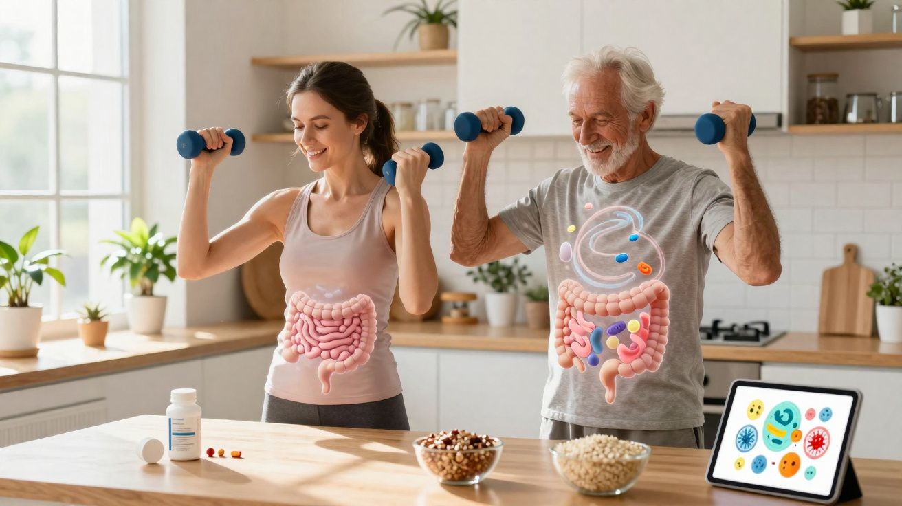 Mulher e homem idosos a fazer exercício com halteres na cozinha, focados na saúde intestinal e probióticos.
