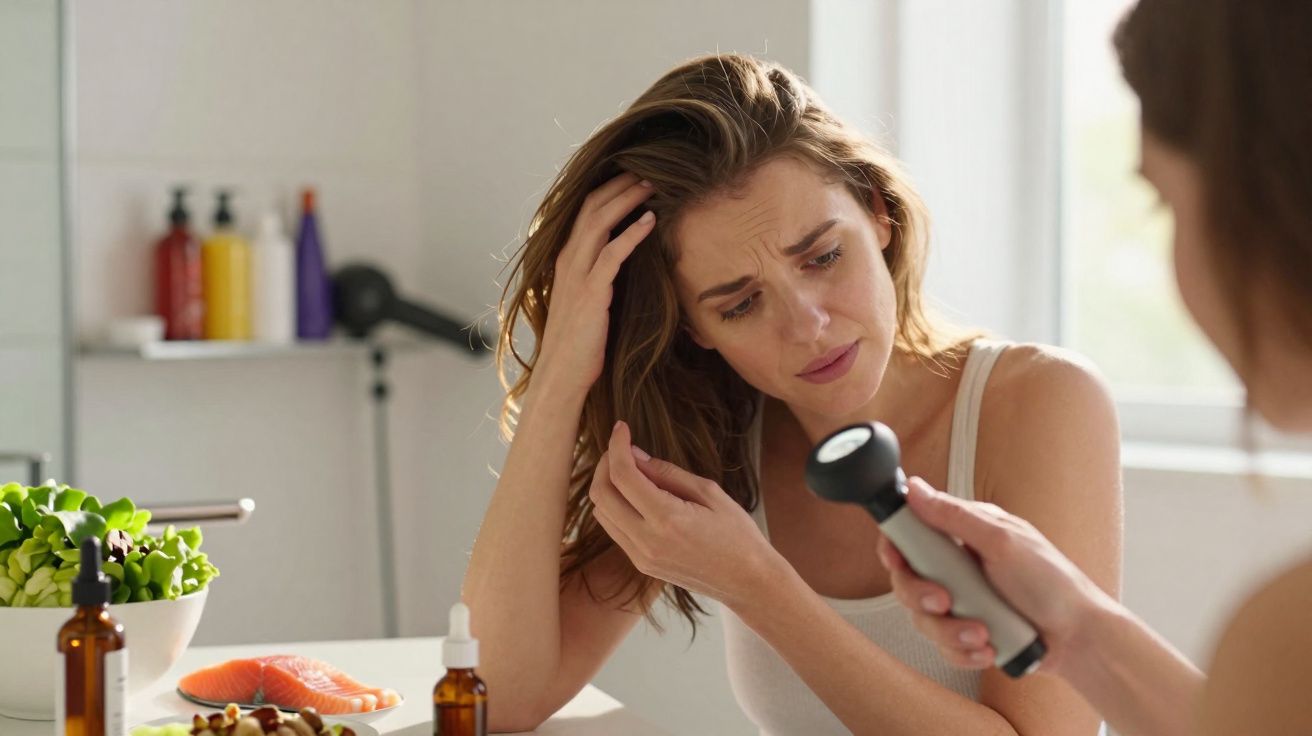 Mulher preocupada a olhar para o couro cabeludo enquanto outra pessoa lhe aproxima um derma roller.