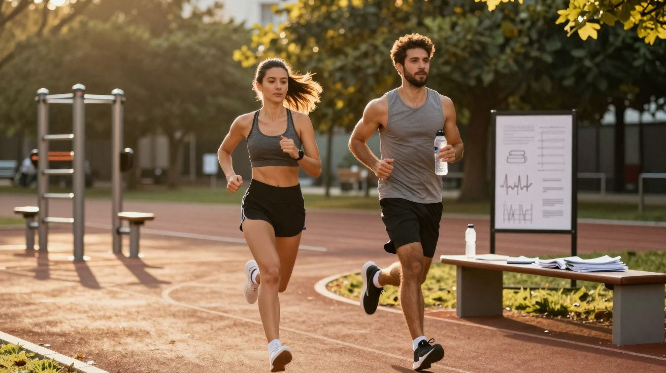 Homem e mulher a correr em pista de atletismo ao ar livre durante o dia com roupa desportiva.