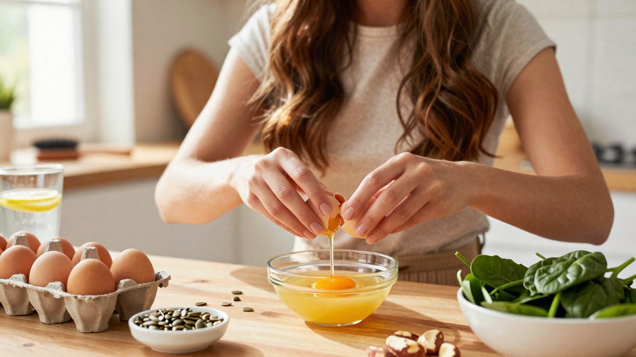 Pessoa a partir um ovo numa tigela de vidro numa cozinha com legumes e sementes ao redor.