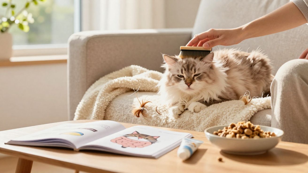 Pessoa a pentear gato cinzento e branco numa manta numa sala iluminada com livros e comida para gato na mesa.