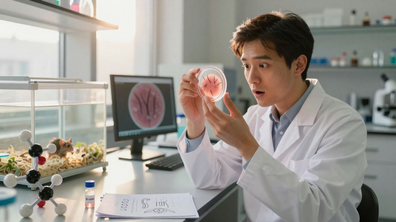 Cientista em laboratório observa cultura celular em placa de Petri com expressão de surpresa.