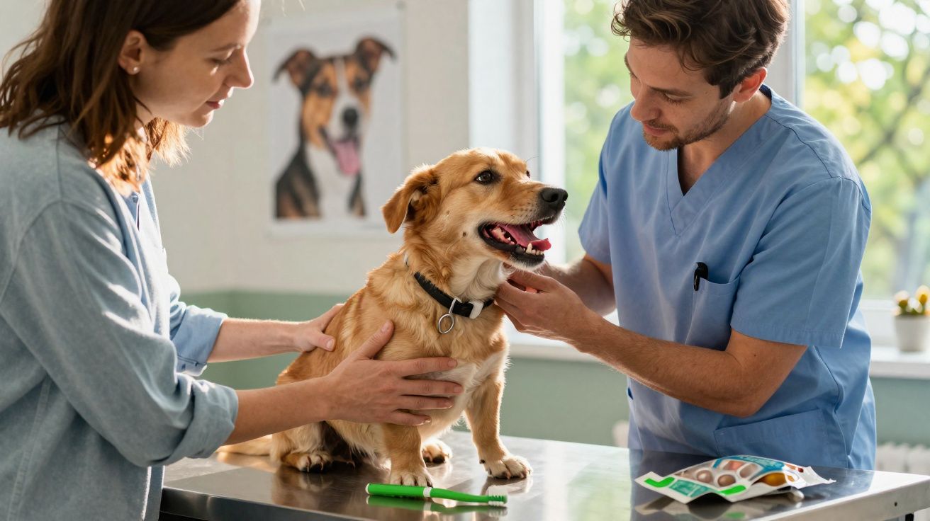Veterinário a examinar um cão que está numa mesa, com a dona a segurá-lo numa clínica veterinária.