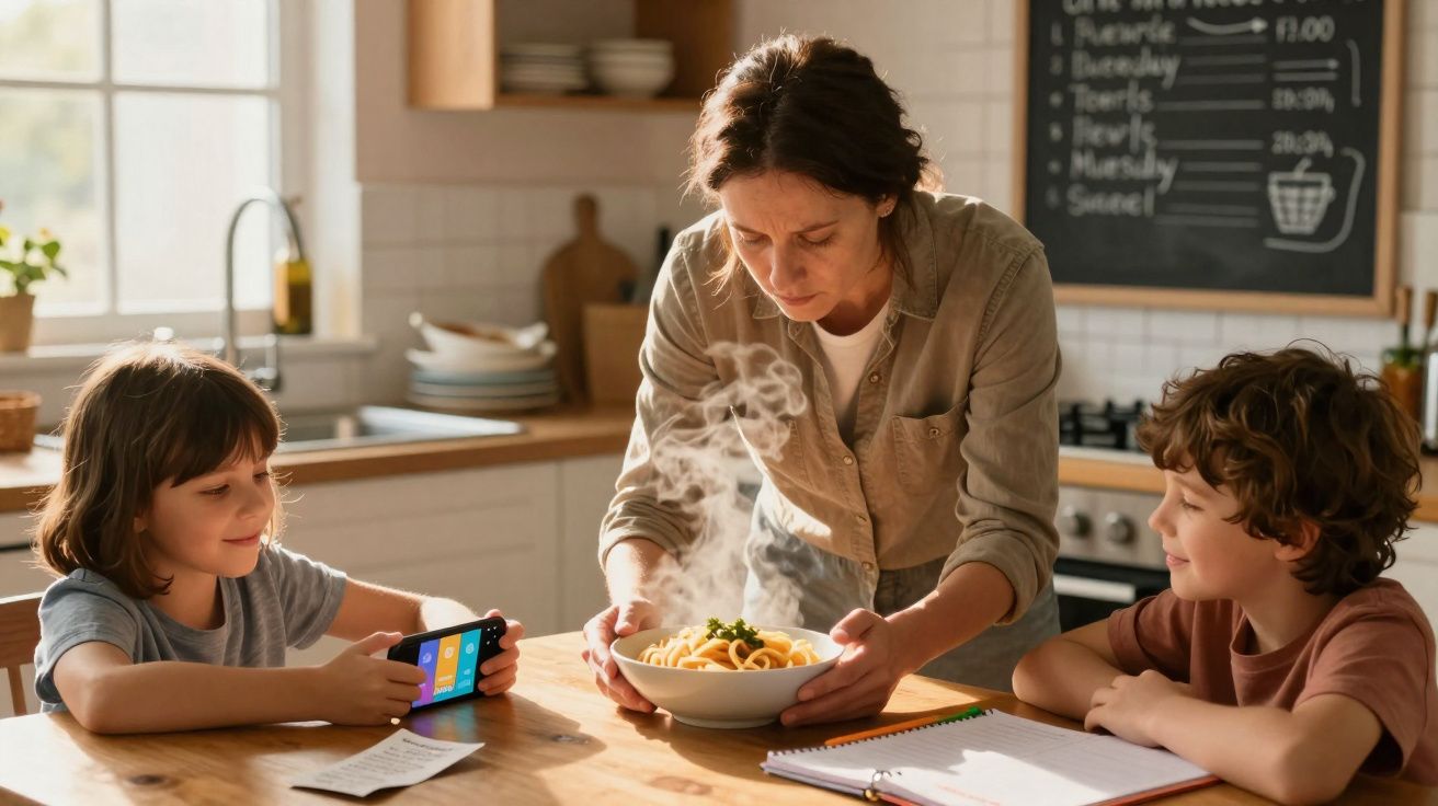 Mulher serve prato de massa quente enquanto duas crianças estão sentadas à mesa numa cozinha iluminada.