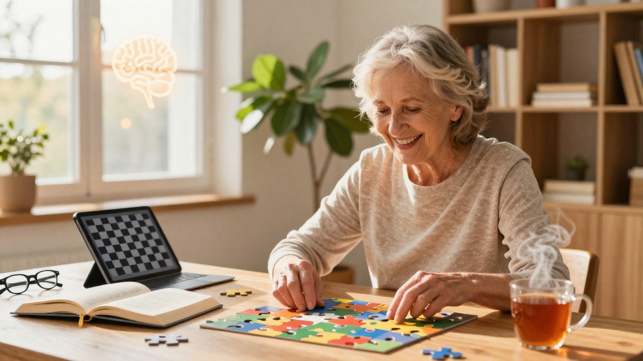 Mulher idosa a sorrir enquanto monta um puzzle colorido numa mesa com chá, livro e tablet perto.