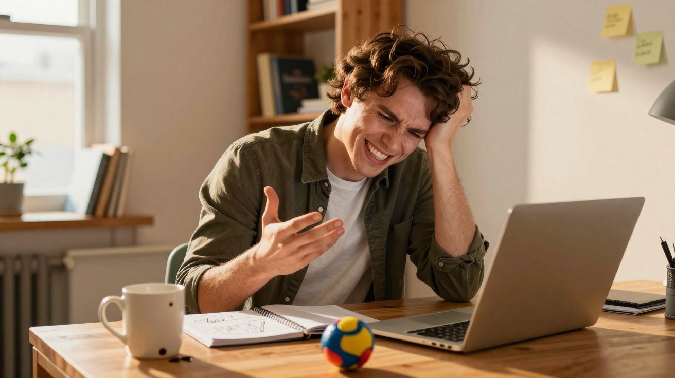 Jovem frustrado sentado à secretária com computador portátil, caderno e caneca, a segurar a cabeça com uma mão.