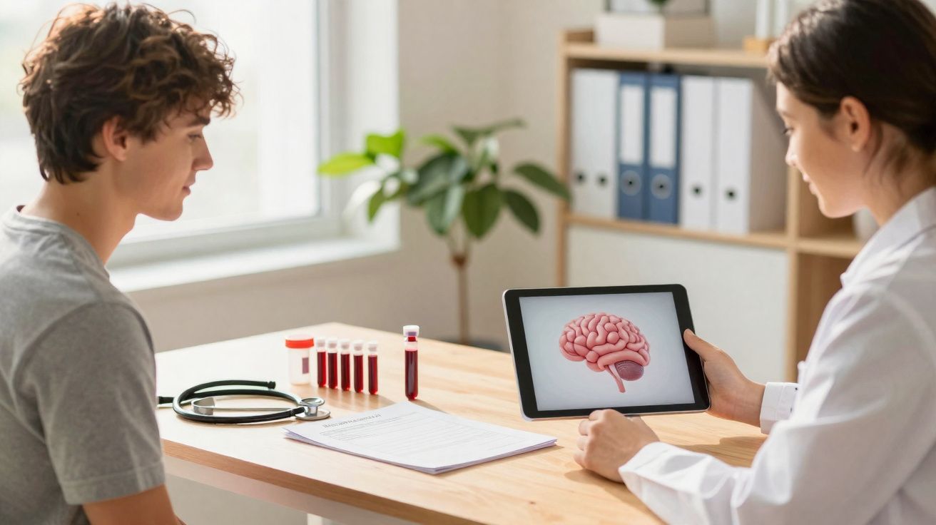 Médica mostrando imagem de cérebro numa tablet a paciente sentado numa consulta numa sala luminosa.