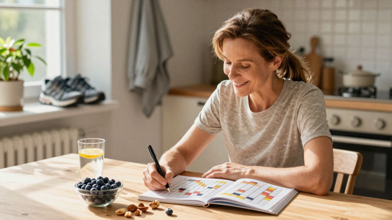 Mulher sorridente a resolver um passatempo num livro aberto numa cozinha iluminada.