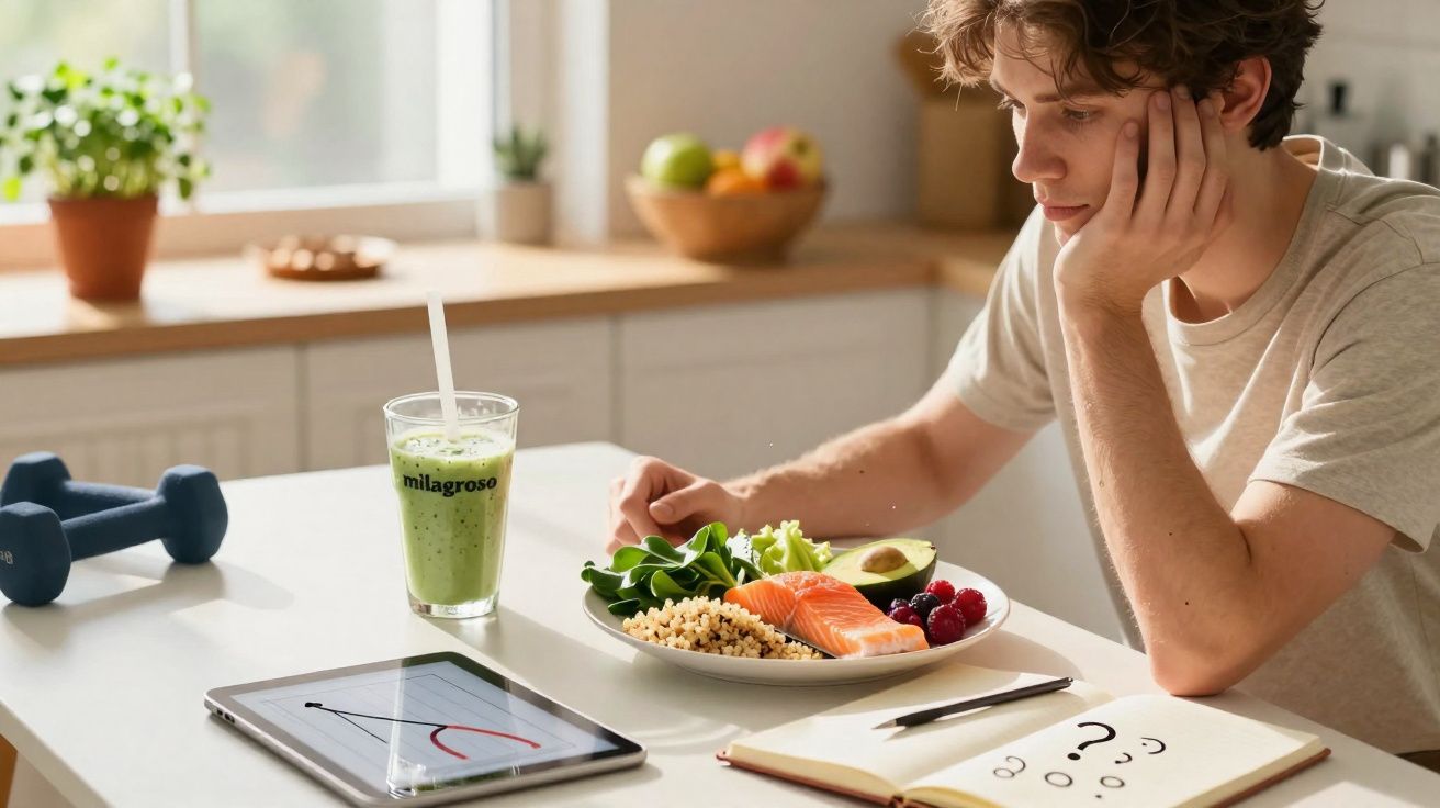 Jovem sentado à mesa com prato saudável, smoothie verde, pesos, tablet e caderno com anotações.