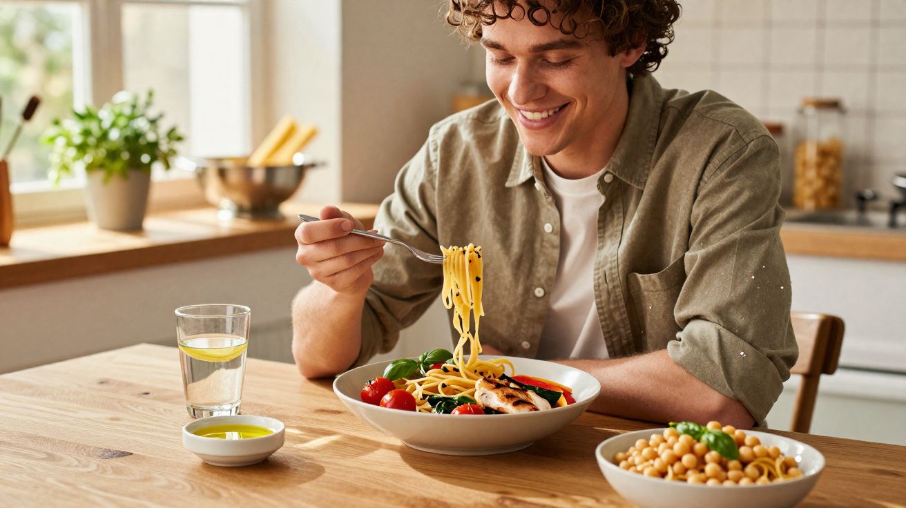 Homem sorridente a comer massa com vegetais e frango numa cozinha luminosa.