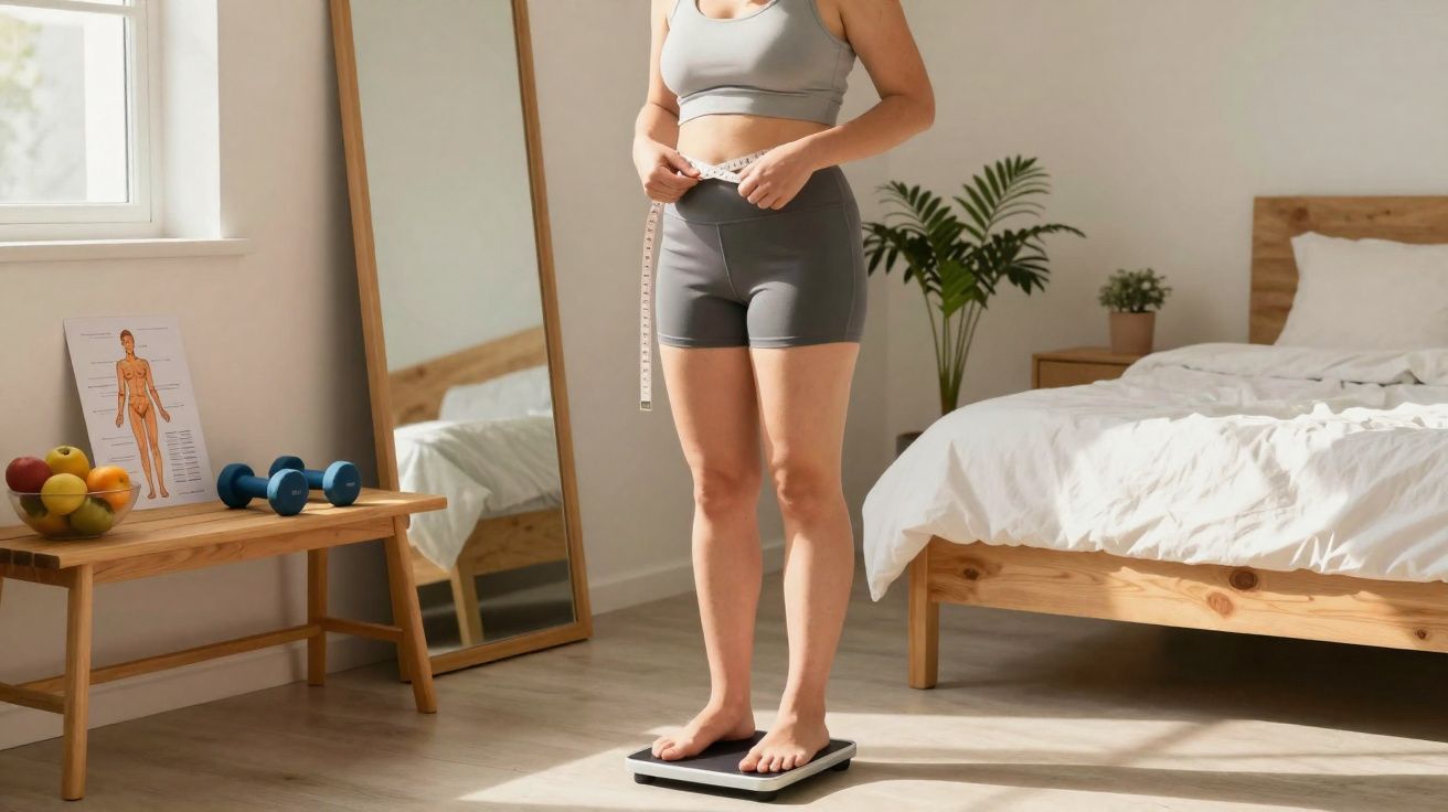 Mulher em roupa de desporto mede a cintura enquanto está numa balança num quarto iluminado.