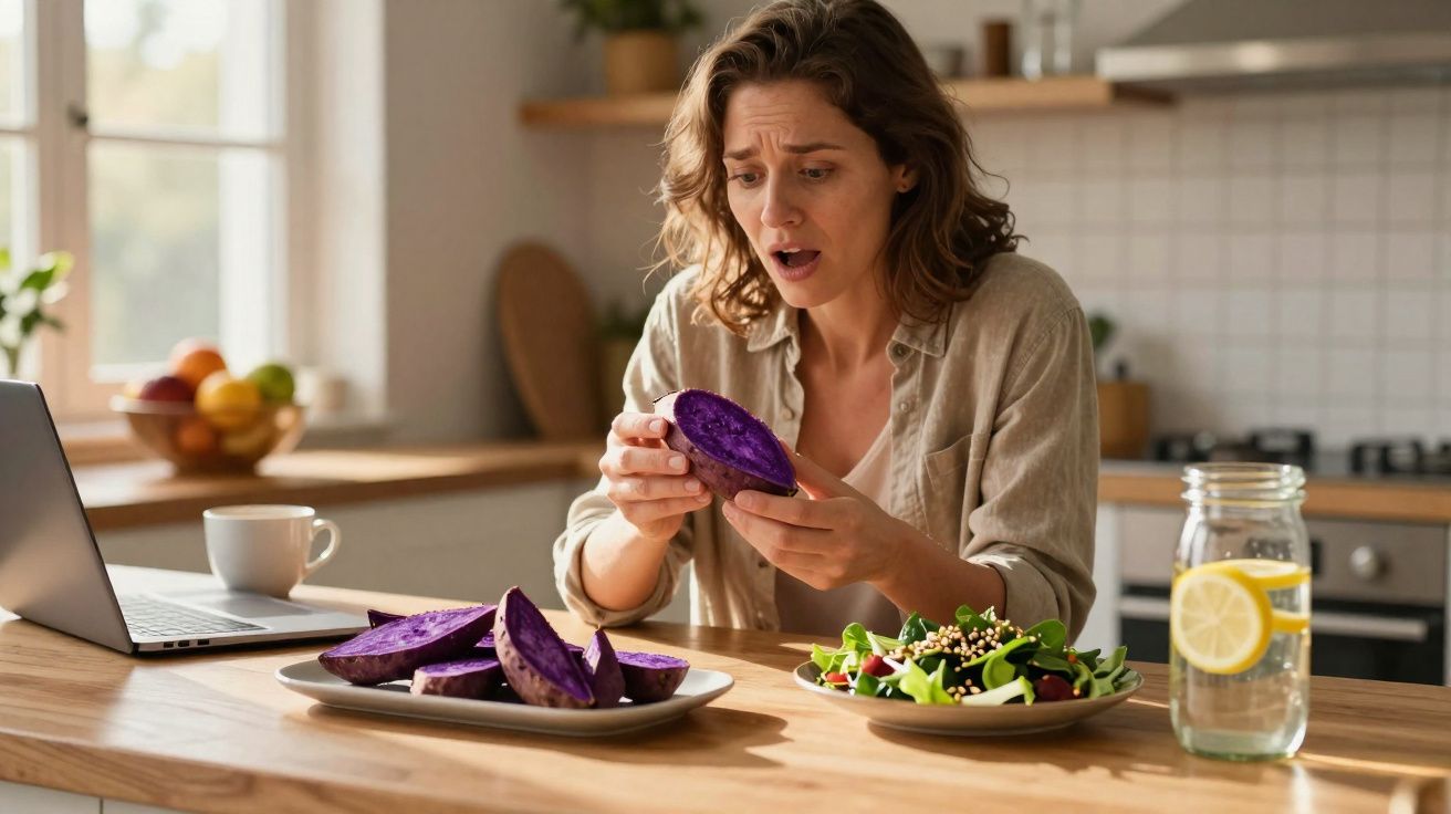 Mulher surpreendida olhando fatia de batata roxa na cozinha, com laptop e salada à sua frente.