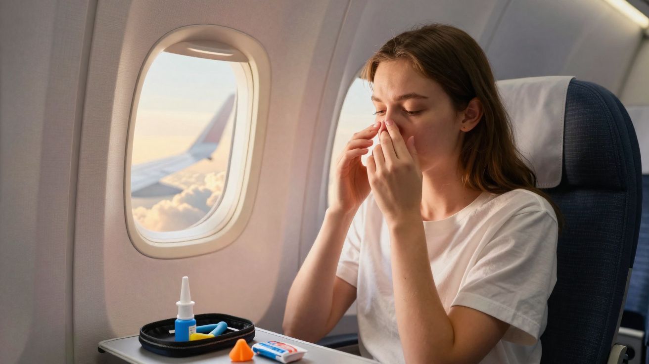 Mulher num avião usa spray nasal, aparentando desconforto, sentada junto à janela com medicamentos à frente.