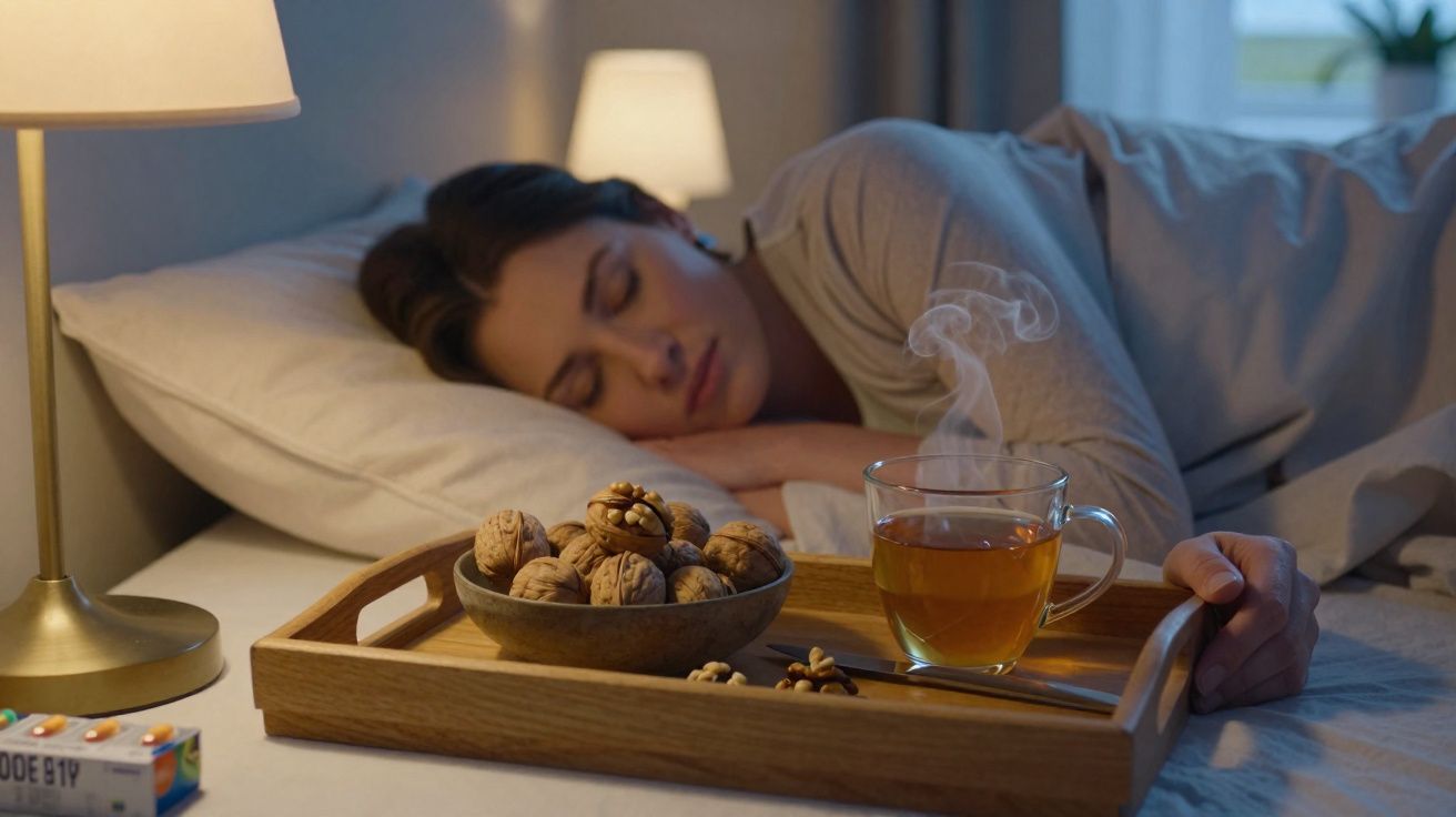 Mulher adormecida deitada numa cama com bandeja contendo chá quente e nozes ao lado.