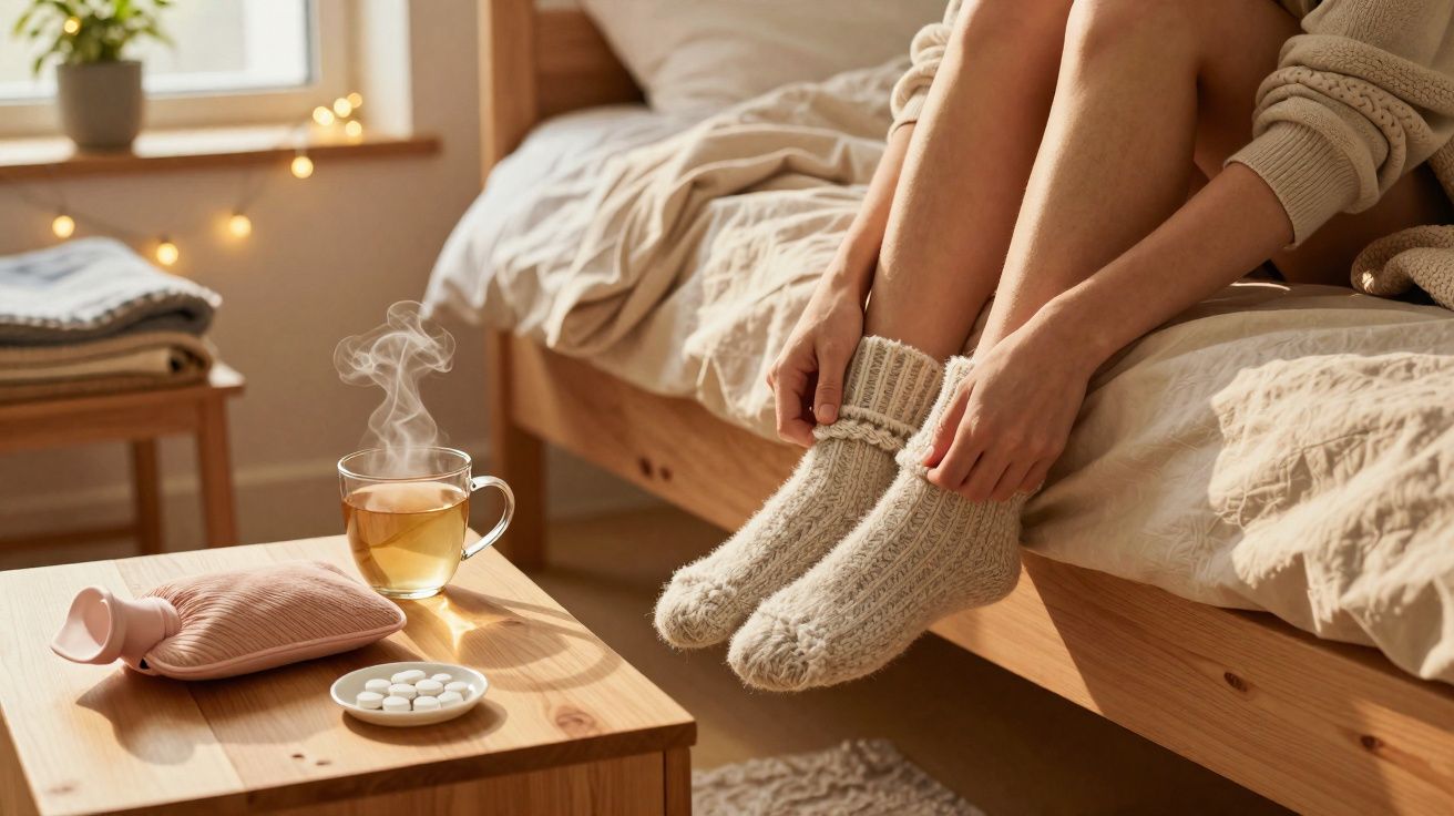 Pessoa sentada na cama a vestir meias quentes, com chá quente e medicamentos na mesa ao lado.