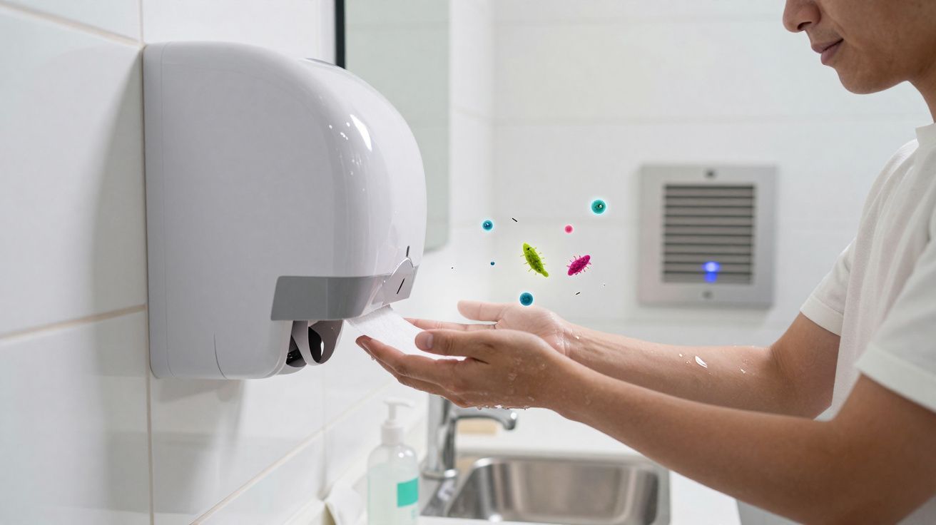 Pessoa usando dispensador automático de sabonete, com ilustração de germes coloridos nas mãos.