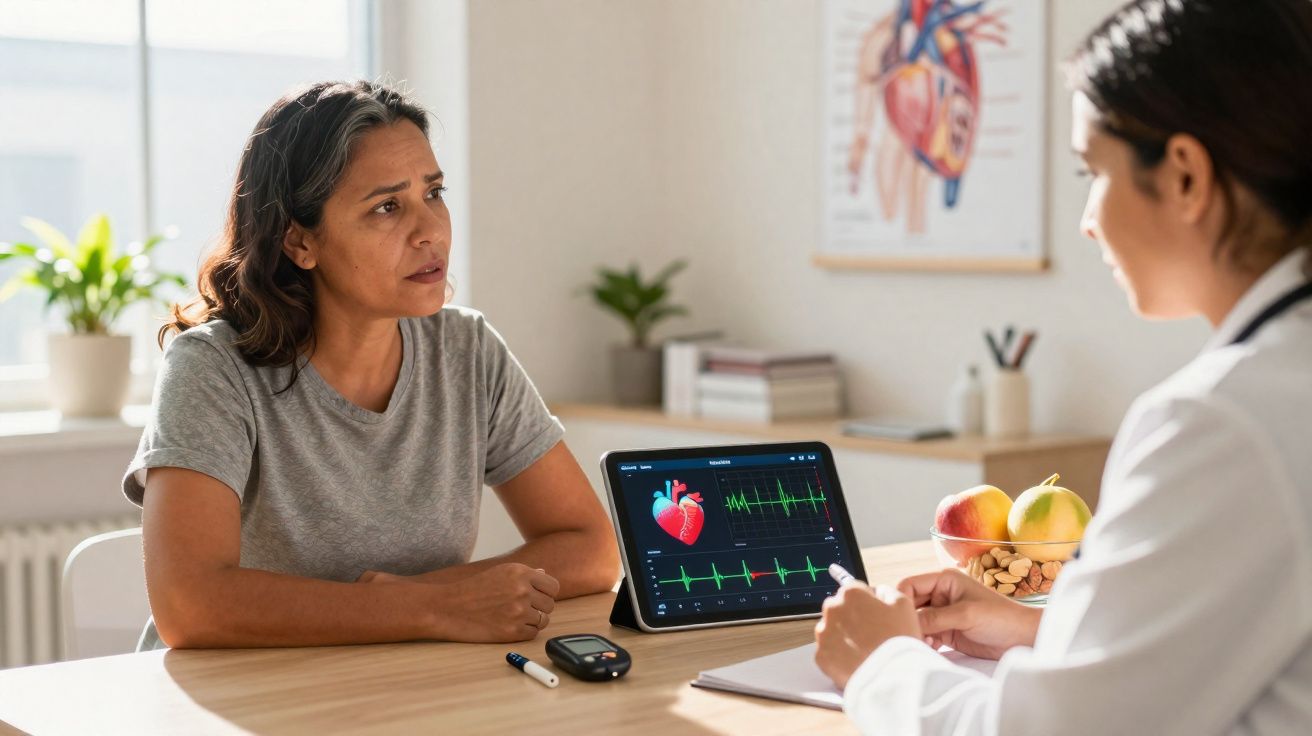 Mulher em consulta médica com cardiologista, tablet mostra batimentos cardíacos e gráficos no consultório.